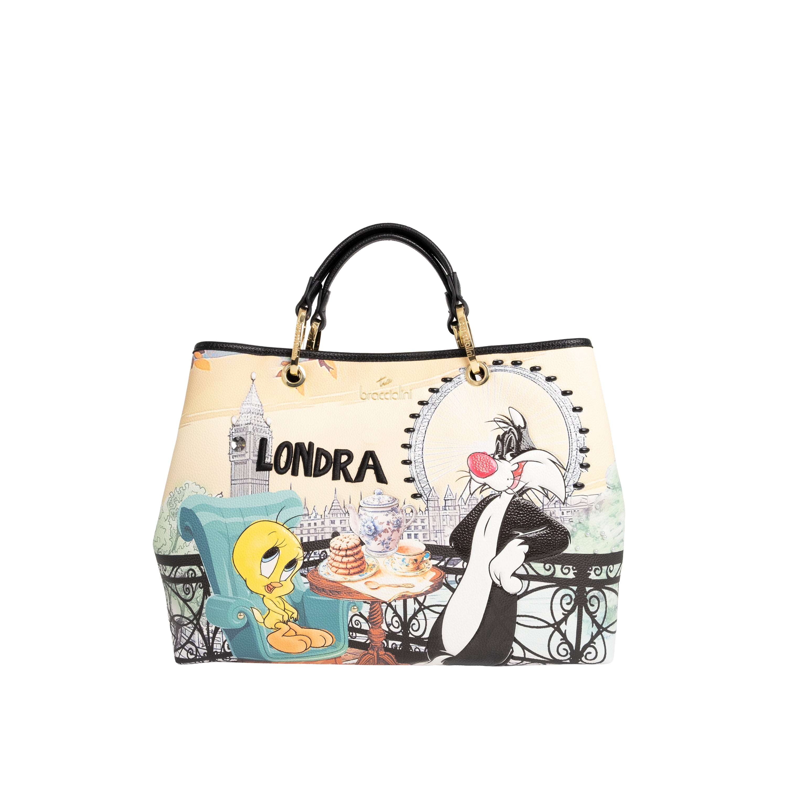 Braccialini Borsa a Mano Grande Cartoline Lt Multicolore Londra