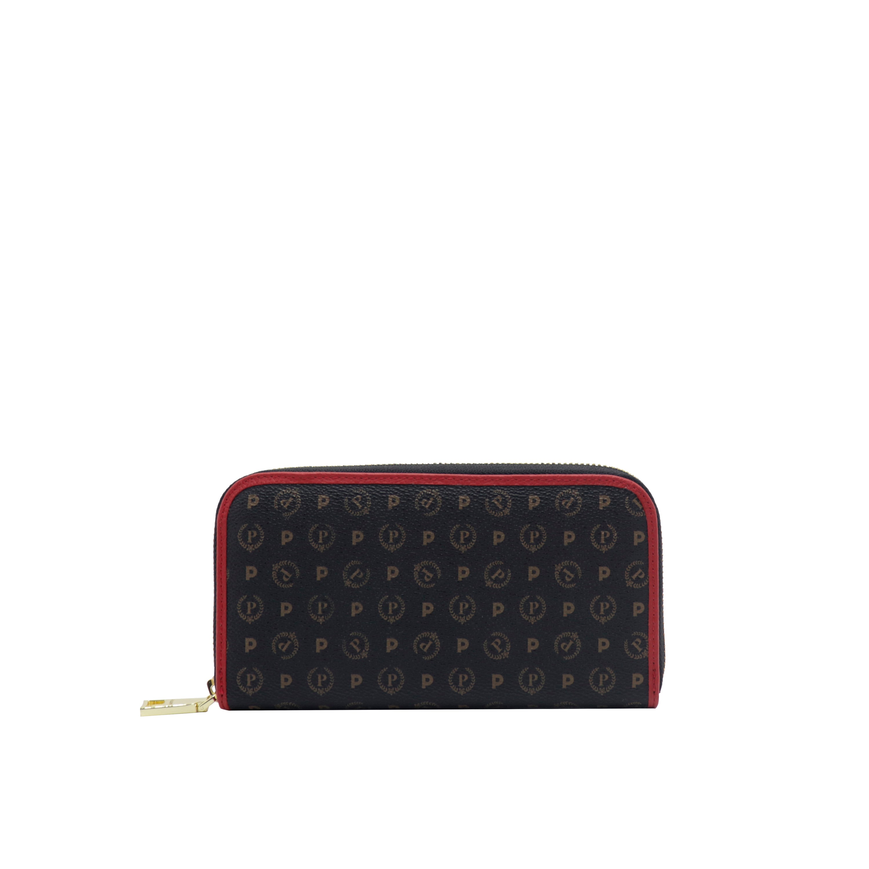 Pollini Women's Wallet Zip Around Allover Logo Print Black Red