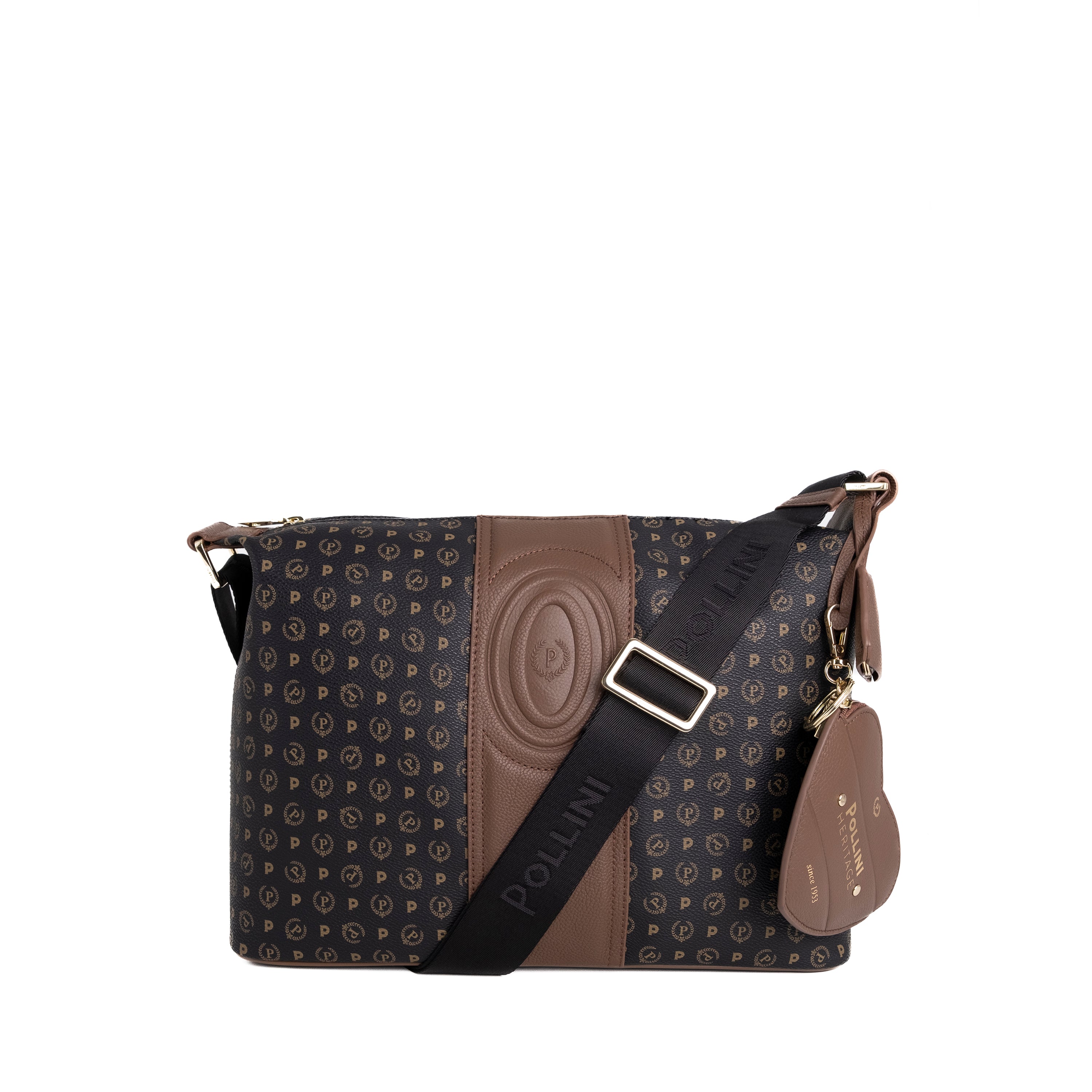 Pollini Borsa Tracolla 70°Anniversario Heritage Stampa Logo All Over Nero e Marrone