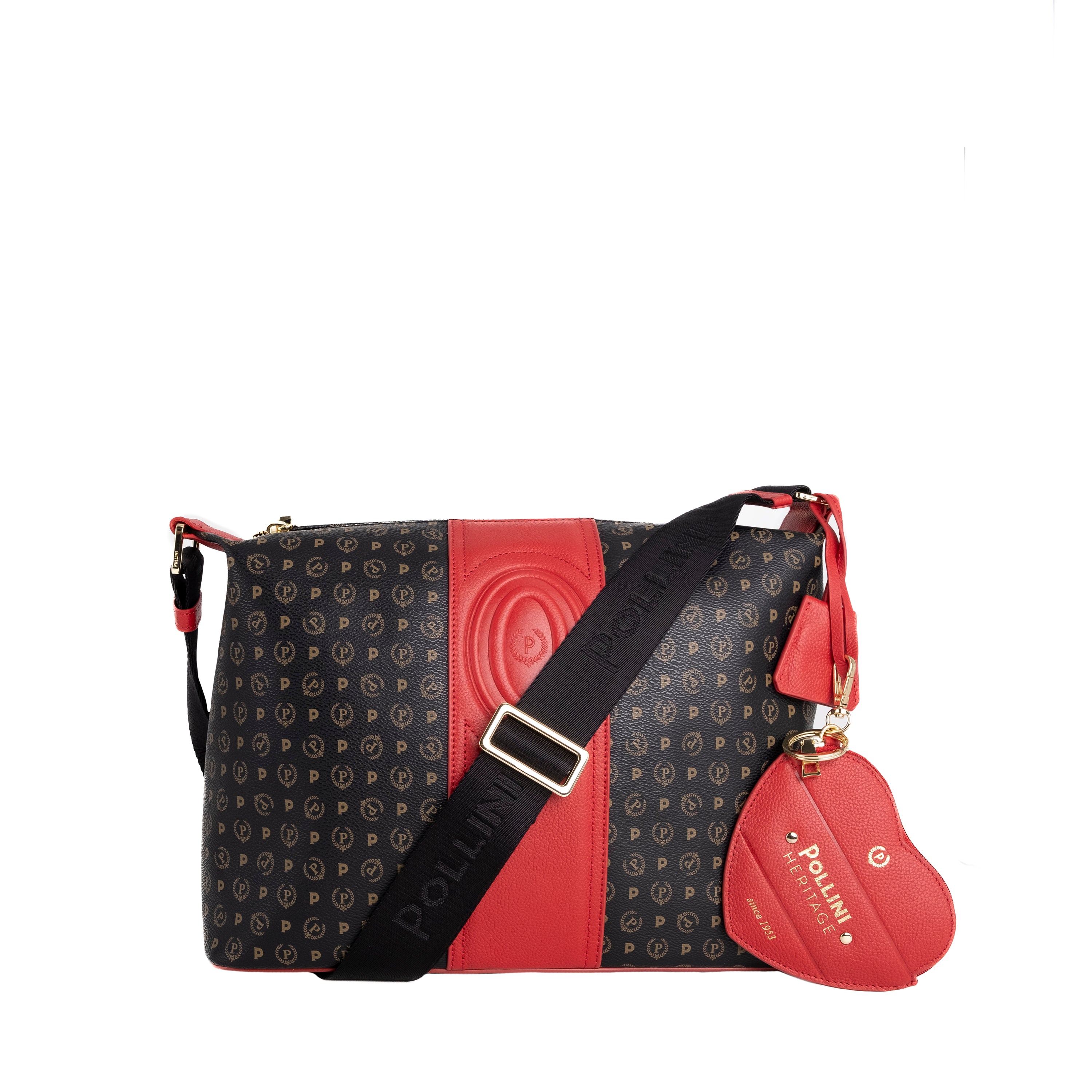 Pollini Borsa Tracolla 70°Anniversario Heritage Stampa Logo All Over Nero e Rosso