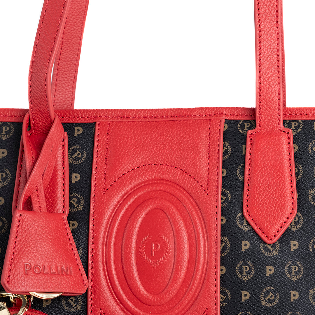 Pollini Borsa a Mano Heritage 70° Anniversario Stampa Logo All Over Nero e Rosso