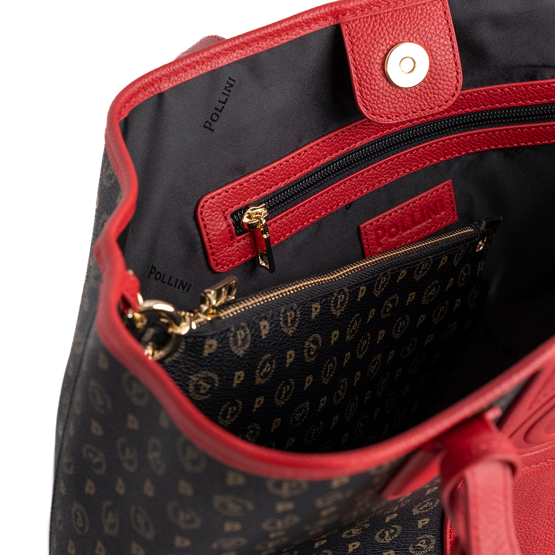 Pollini Borsa a Mano Heritage 70° Anniversario Stampa Logo All Over Nero e Rosso