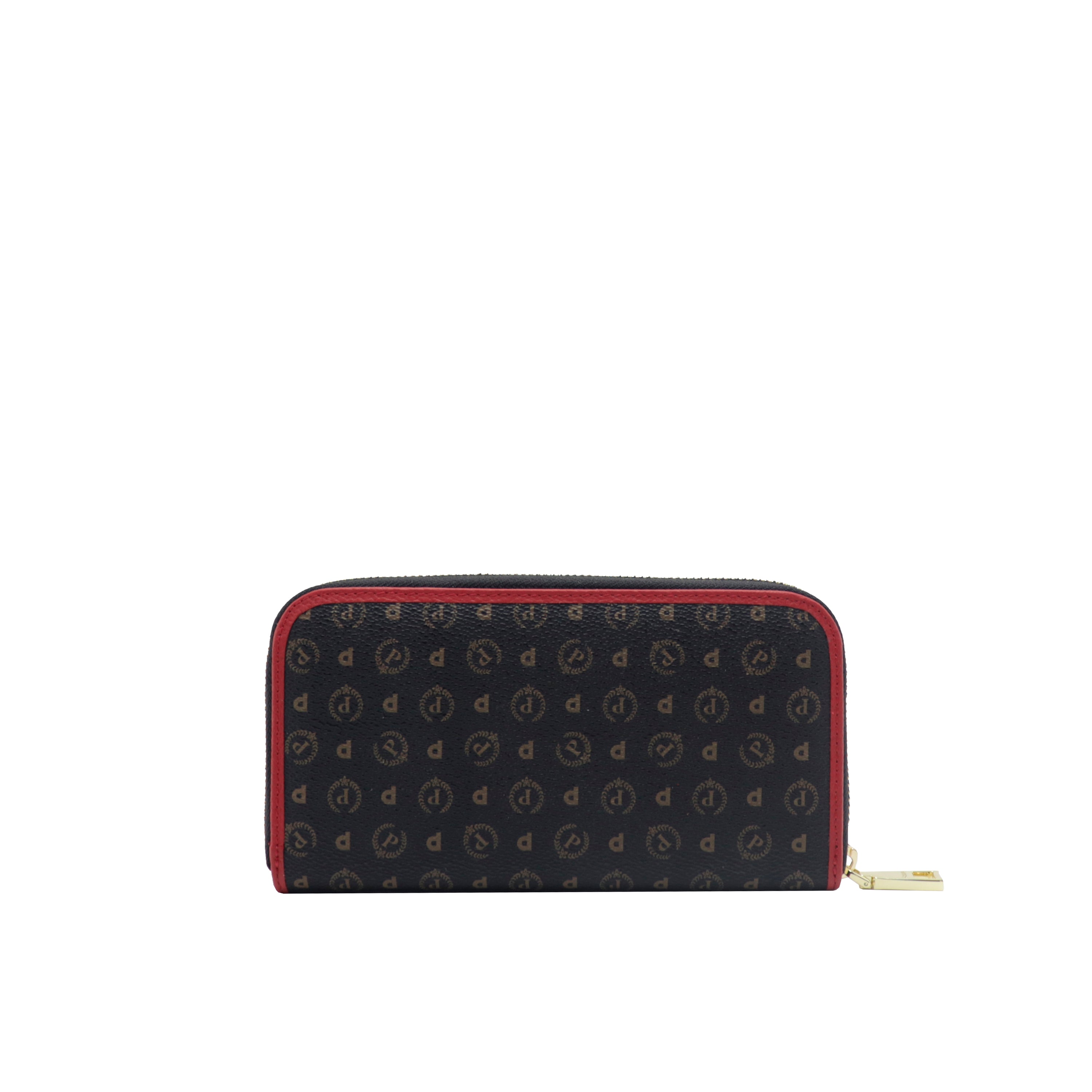 Pollini Women's Wallet Zip Around Allover Logo Print Black Red