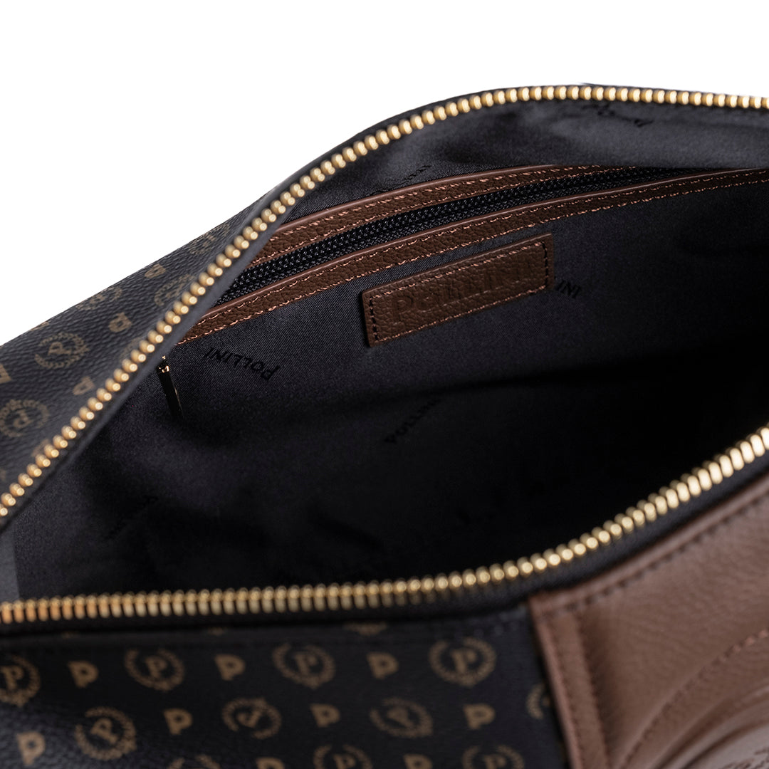 Pollini Borsa Tracolla 70°Anniversario Heritage Stampa Logo All Over Nero e Marrone