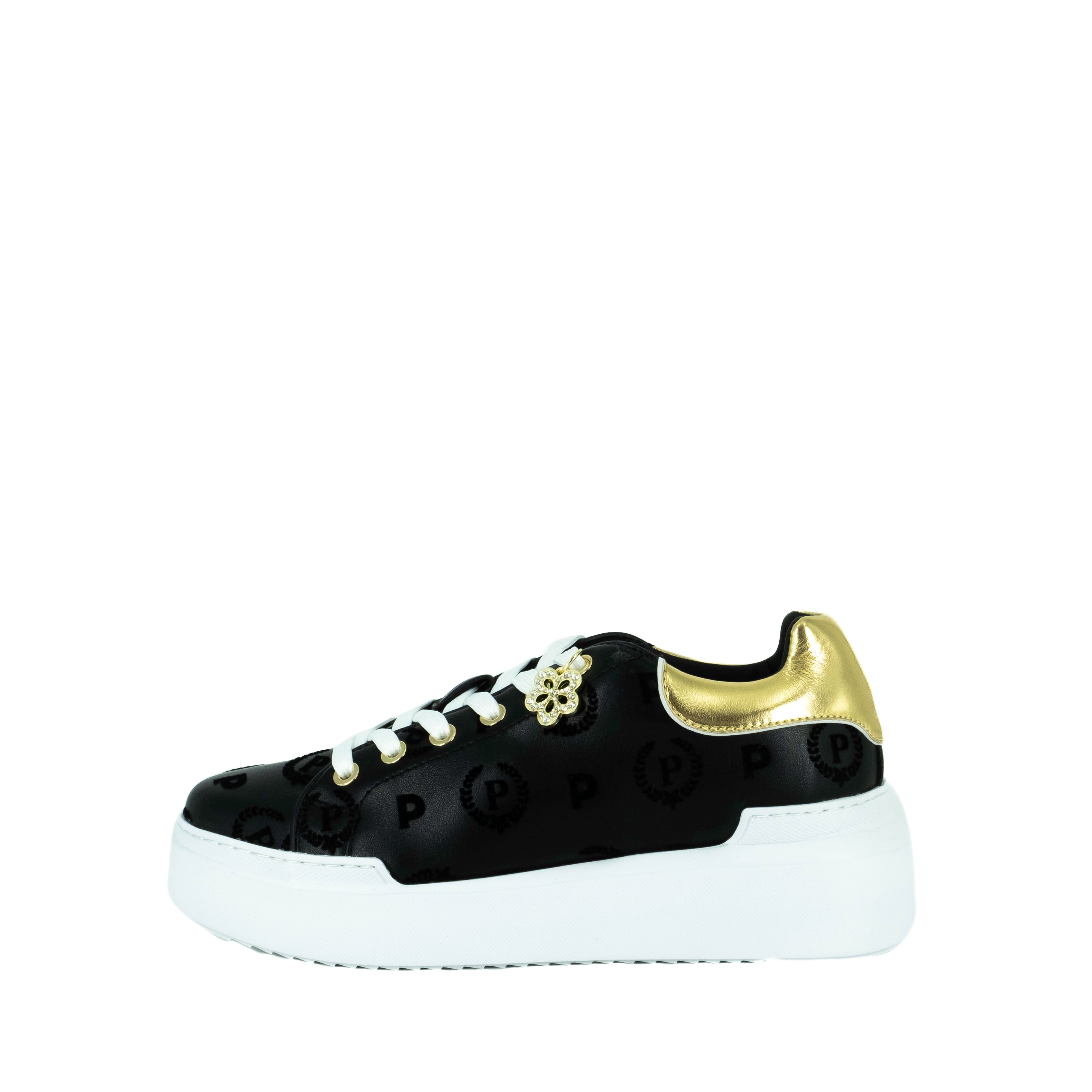 Pollini Women's Heritage Black Sneakers with Gold Details