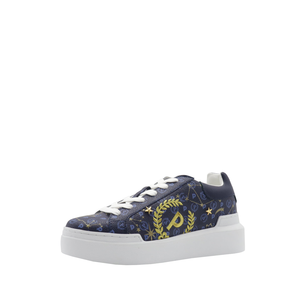 Pollini Women's Sneakers with Blue All Over Print and Gold Logo